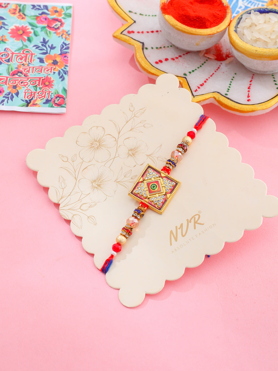 NVR Men Multicolor Artificial Stones Thread Rakhi with Roli Chawal Chandan & Mishri - Distacart