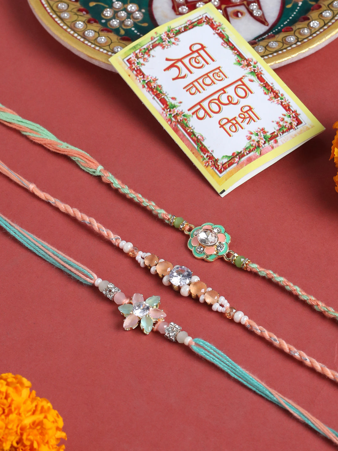 NVR Men Set of 3 Floral Design Multicolor Artificial Stones & Pearls Thread Rakhi with Roli Chawal Chandan & Mishri - Distacart