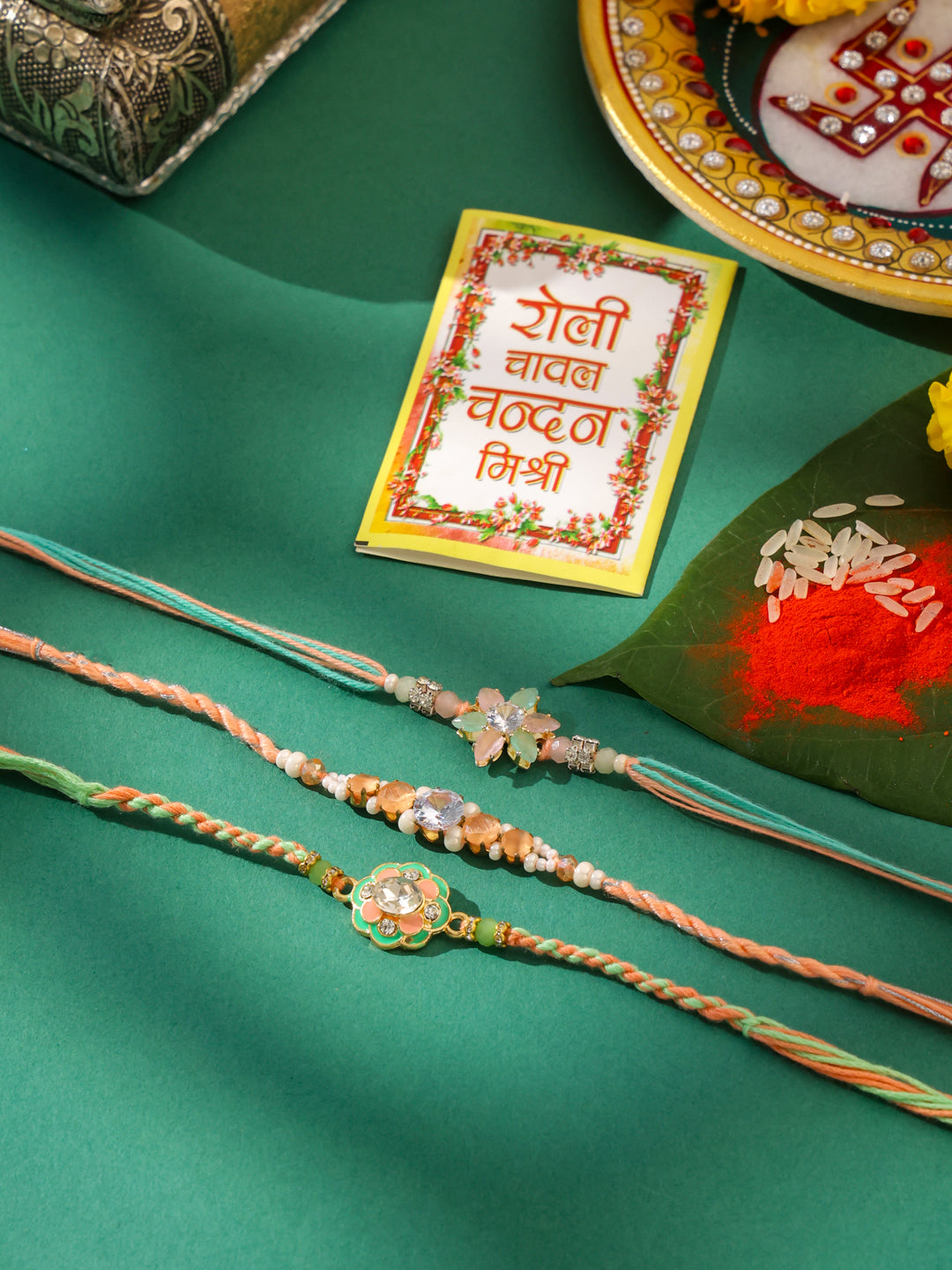 NVR Men Set of 3 Floral Design Multicolor Artificial Stones & Pearls Thread Rakhi with Roli Chawal Chandan & Mishri - Distacart