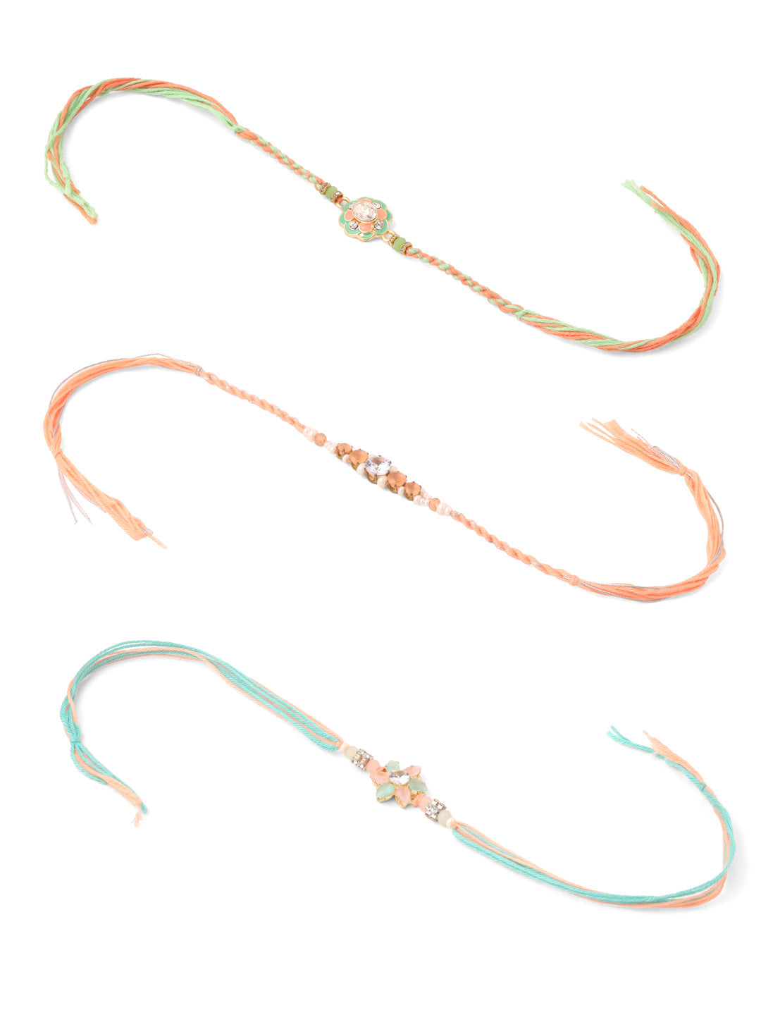 NVR Men Set of 3 Floral Design Multicolor Artificial Stones & Pearls Thread Rakhi with Roli Chawal Chandan & Mishri - Distacart