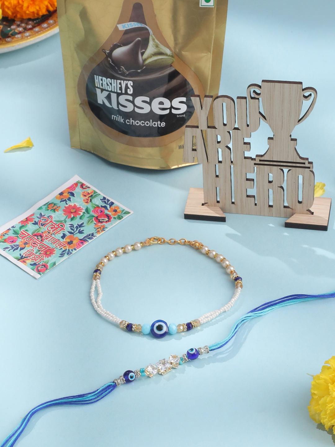 NVR Set of 2 Blue Evil Eye Artificial Stones & Beads Bhaiya Bhabhi Rakhi Combo - Distacart