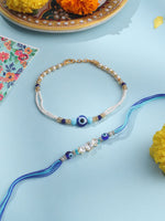 Thumbnail for NVR Set of 2 Blue Evil Eye Artificial Stones & Beads Bhaiya Bhabhi Rakhi with Roli Chawal Chandan & Mishri