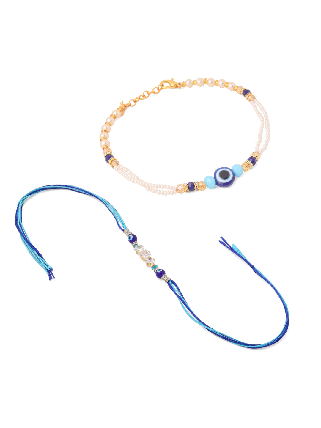NVR Set of 2 Blue Evil Eye Artificial Stones & Beads Bhaiya Bhabhi Rakhi with Roli Chawal Chandan & Mishri