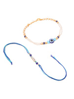 Thumbnail for NVR Set of 2 Blue Evil Eye Artificial Stones & Beads Bhaiya Bhabhi Rakhi with Roli Chawal Chandan & Mishri