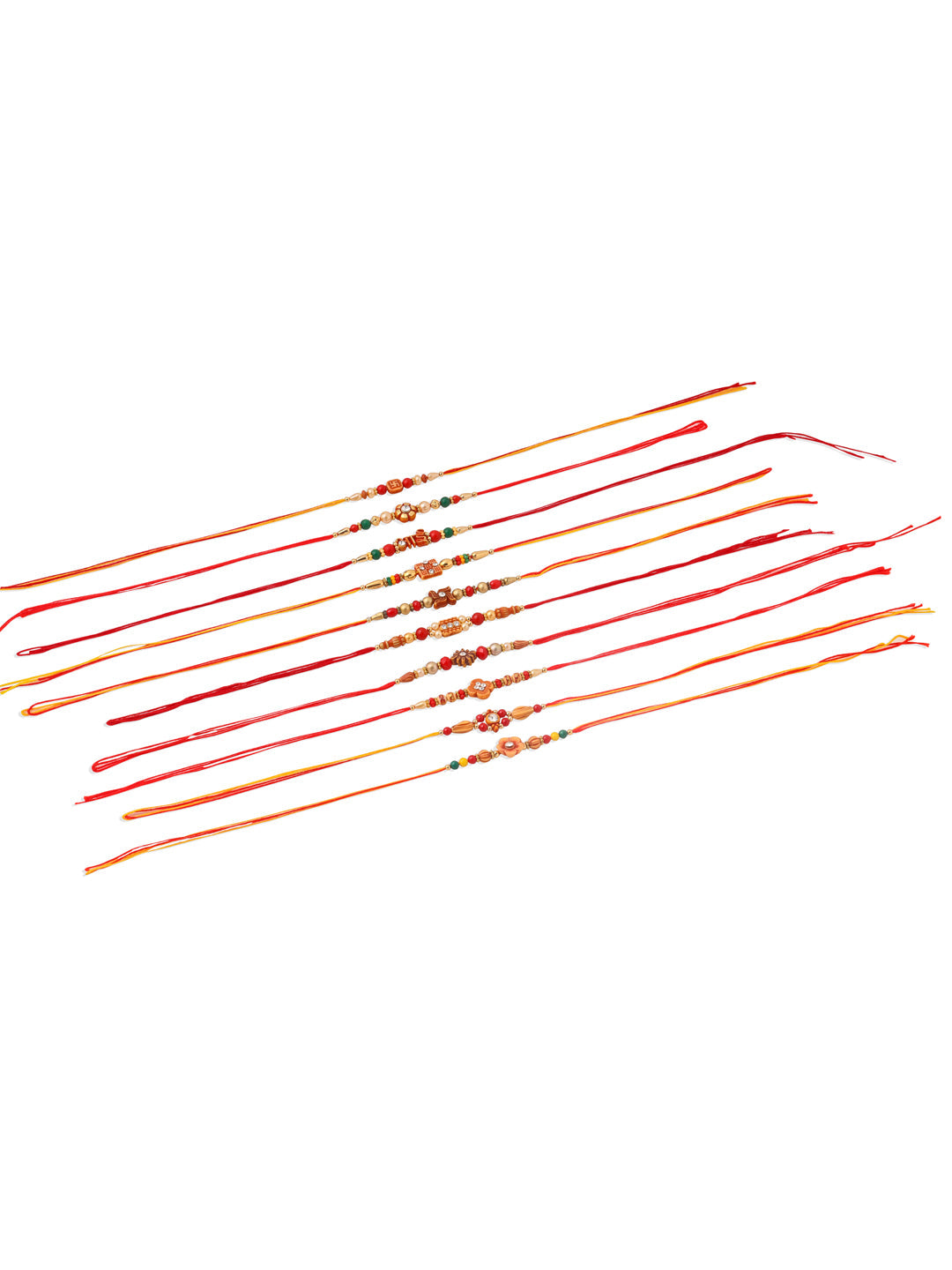 NVR Men Set of 10 Floral Design Red Artificial Stones and Beads Thread Rakhi Combo