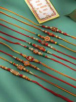 Thumbnail for NVR Men Set of 10 Floral Design Red Artificial Stones and Beads Thread Rakhi with Roli Chawal Chandan & Mishri