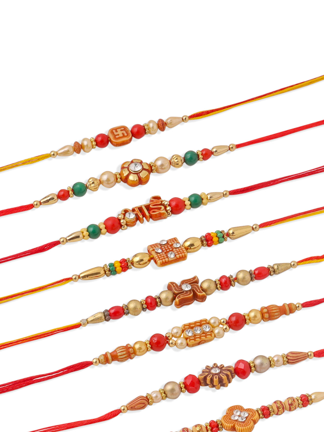 NVR Men Set of 10 Floral Design Red Artificial Stones and Beads Thread Rakhi with Roli Chawal Chandan & Mishri - Distacart