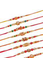 Thumbnail for NVR Men Set of 10 Floral Design Red Artificial Stones and Beads Thread Rakhi with Roli Chawal Chandan & Mishri