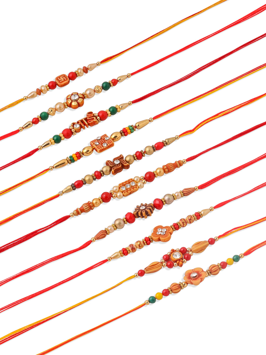 NVR Men Set of 10 Floral Design Red Artificial Stones and Beads Thread Rakhi with Roli Chawal Chandan & Mishri