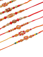 Thumbnail for NVR Men Set of 10 Floral Design Red Artificial Stones and Beads Thread Rakhi with Roli Chawal Chandan & Mishri