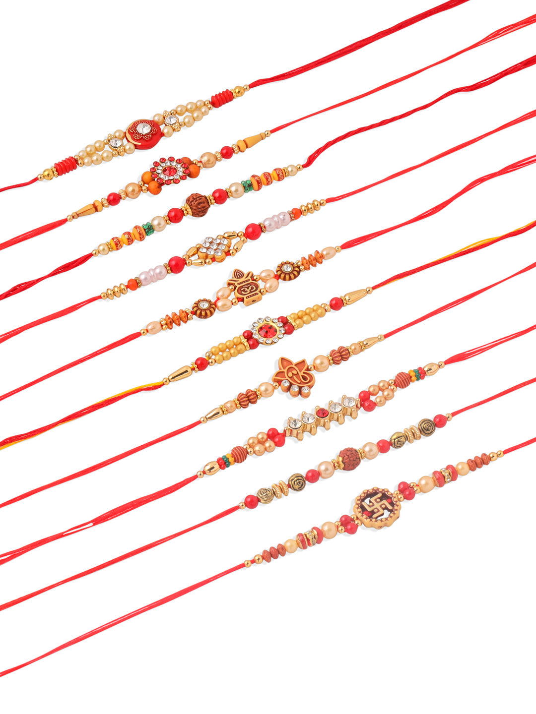 NVR Men Set of 10 Red Artificial Stones and Beads Rudraksh Thread Rakhi Combo