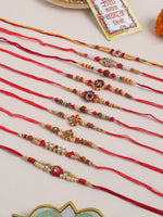 Thumbnail for NVR Men Set of 10 Red Artificial Stones and Beads Rudraksh Thread Rakhi with Roli Chawal Chandan & Mishri