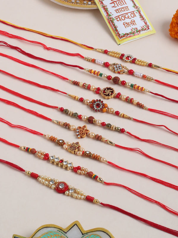 NVR Men Set of 10 Red Artificial Stones and Beads Rudraksh Thread Rakhi with Roli Chawal Chandan & Mishri