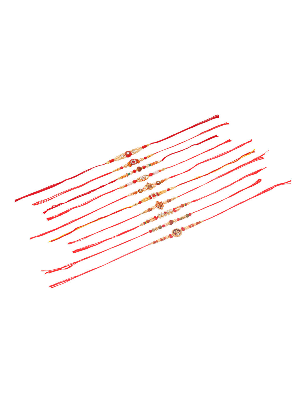 NVR Men Set of 10 Red Artificial Stones and Beads Rudraksh Thread Rakhi with Roli Chawal Chandan & Mishri