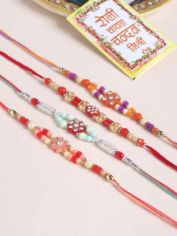 NVR Men Set of 4 Floral Design Multicolor Artificial Stones and Beads Thread Rakhi with Roli Chawal Chandan & Mishri - Distacart