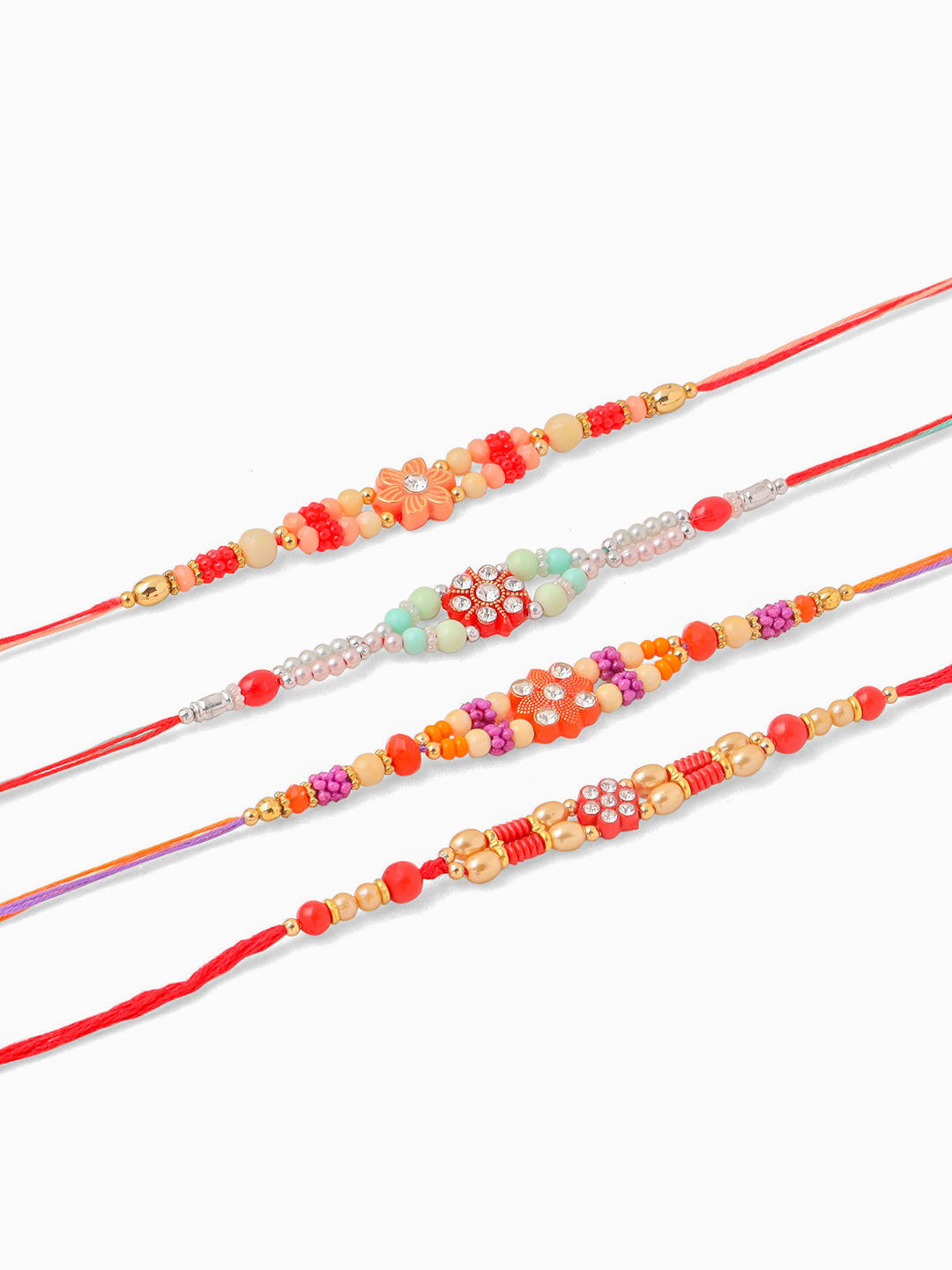 NVR Men Set of 4 Floral Design Multicolor Artificial Stones and Beads Thread Rakhi with Roli Chawal Chandan & Mishri - Distacart