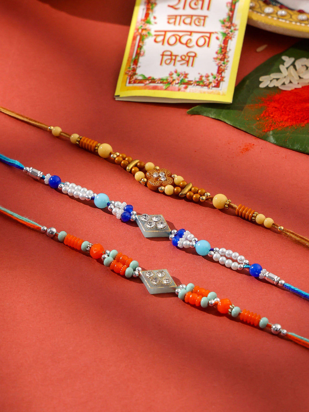 NVR Men Set of 3 Multicolor Artificial Stones and Beads Rakhi with Roli Chawal Chandan & Mishri - Distacart