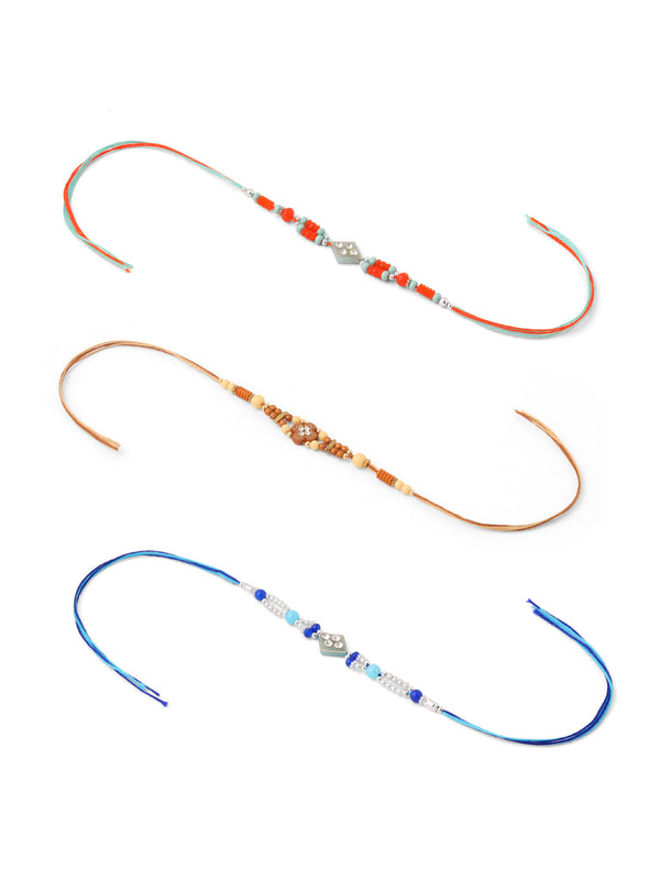 NVR Men Set of 3 Multicolor Artificial Stones and Beads Rakhi with Roli Chawal Chandan & Mishri