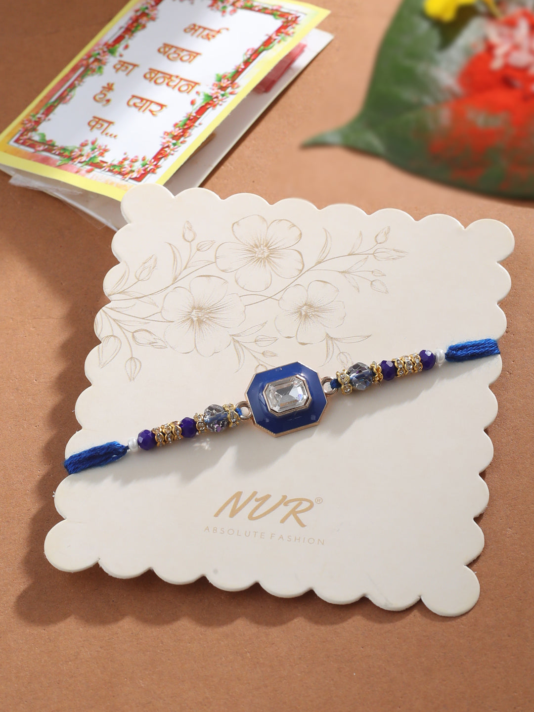 NVR Men Blue Artificial Stones Handmade Thread Rakhi with Roli Chawal Chandan & Mishri - Distacart