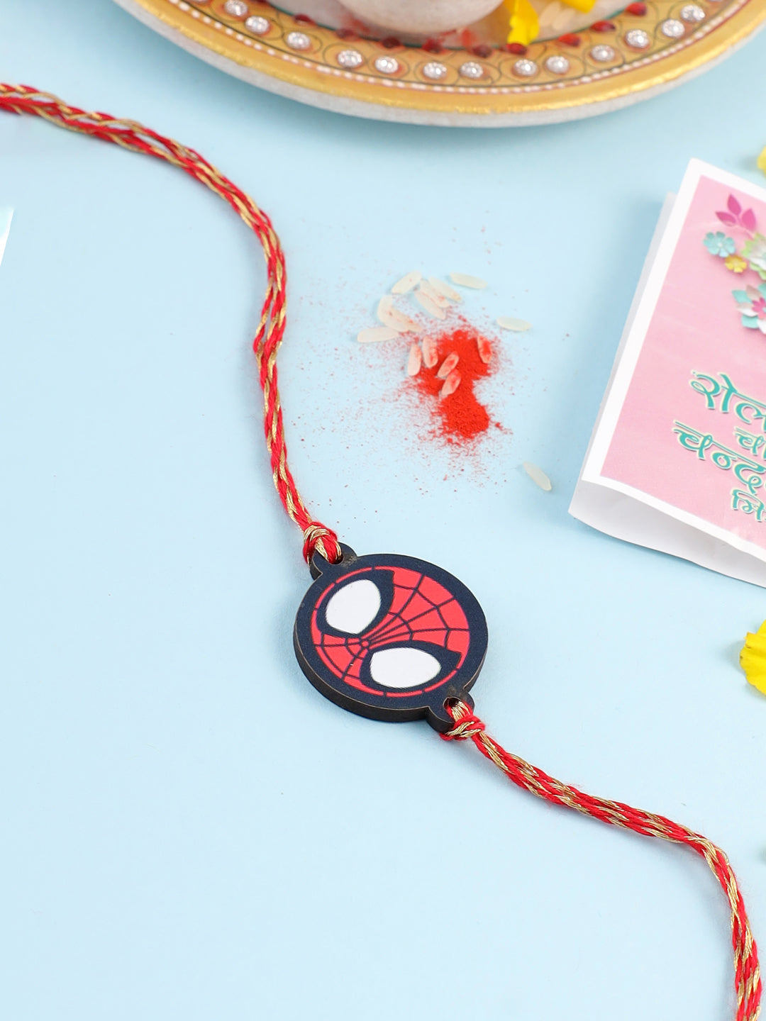 NVR Kids Superhero Red Thread Rakhi with Roli Chawal Chandan & Mishri - Distacart