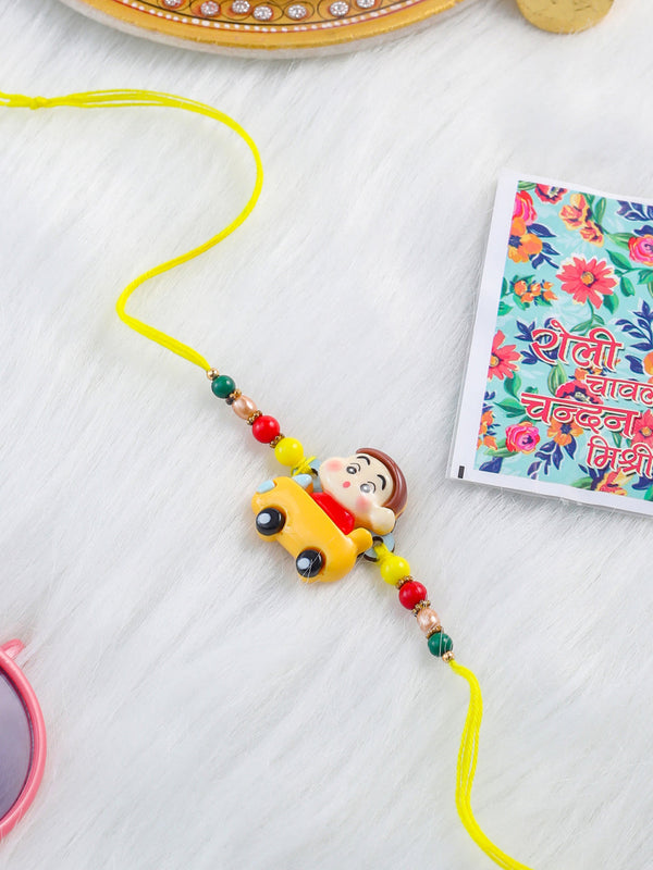 NVR Kids Yellow Cartoon Artificial Beads Rakhi with Roli Chawal Chandan & Mishri