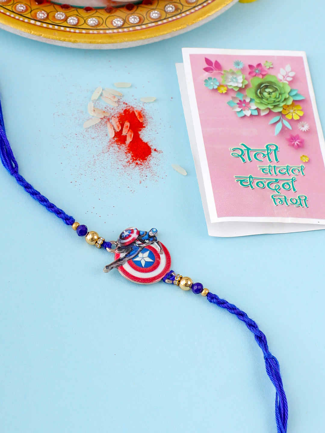 NVR Kids Superhero Blue Artificial Beads Thread Rakhi with Roli Chawal Chandan & Mishri - Distacart