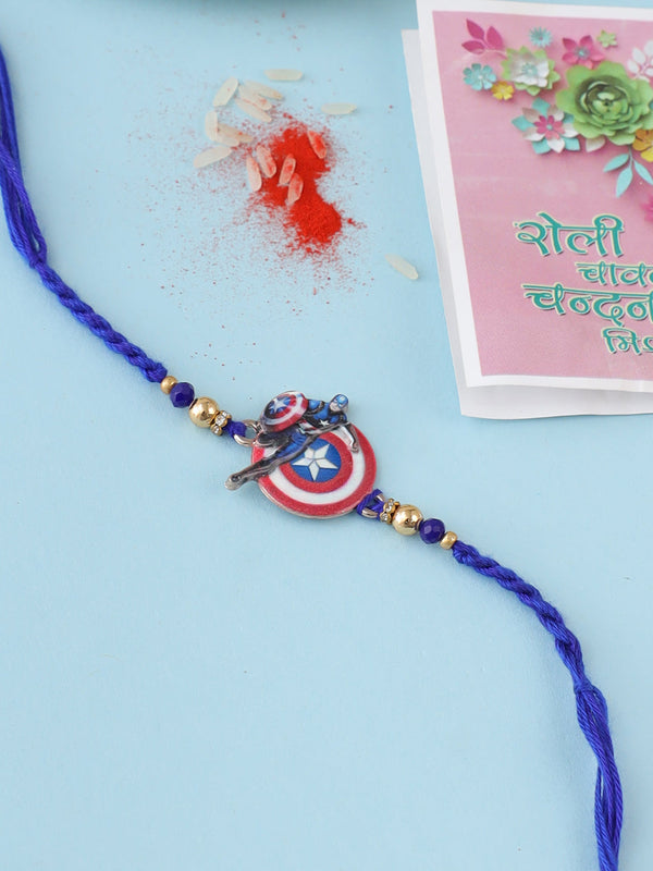 NVR Kids Superhero Blue Artificial Beads Thread Rakhi with Roli Chawal Chandan & Mishri