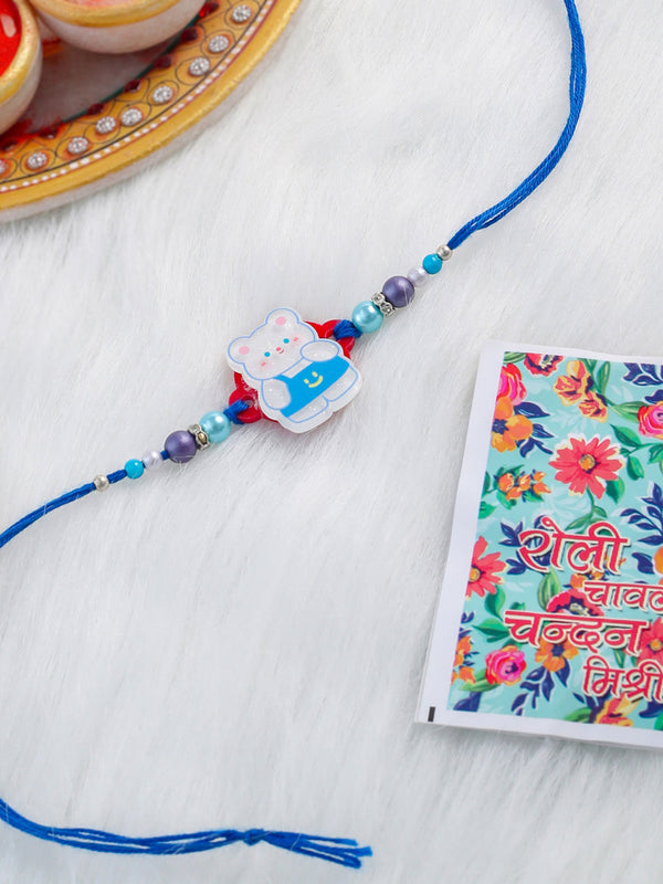 NVR Kids Teddy Blue Artificial Beads Thread Rakhi with Roli Chawal Chandan & Mishri