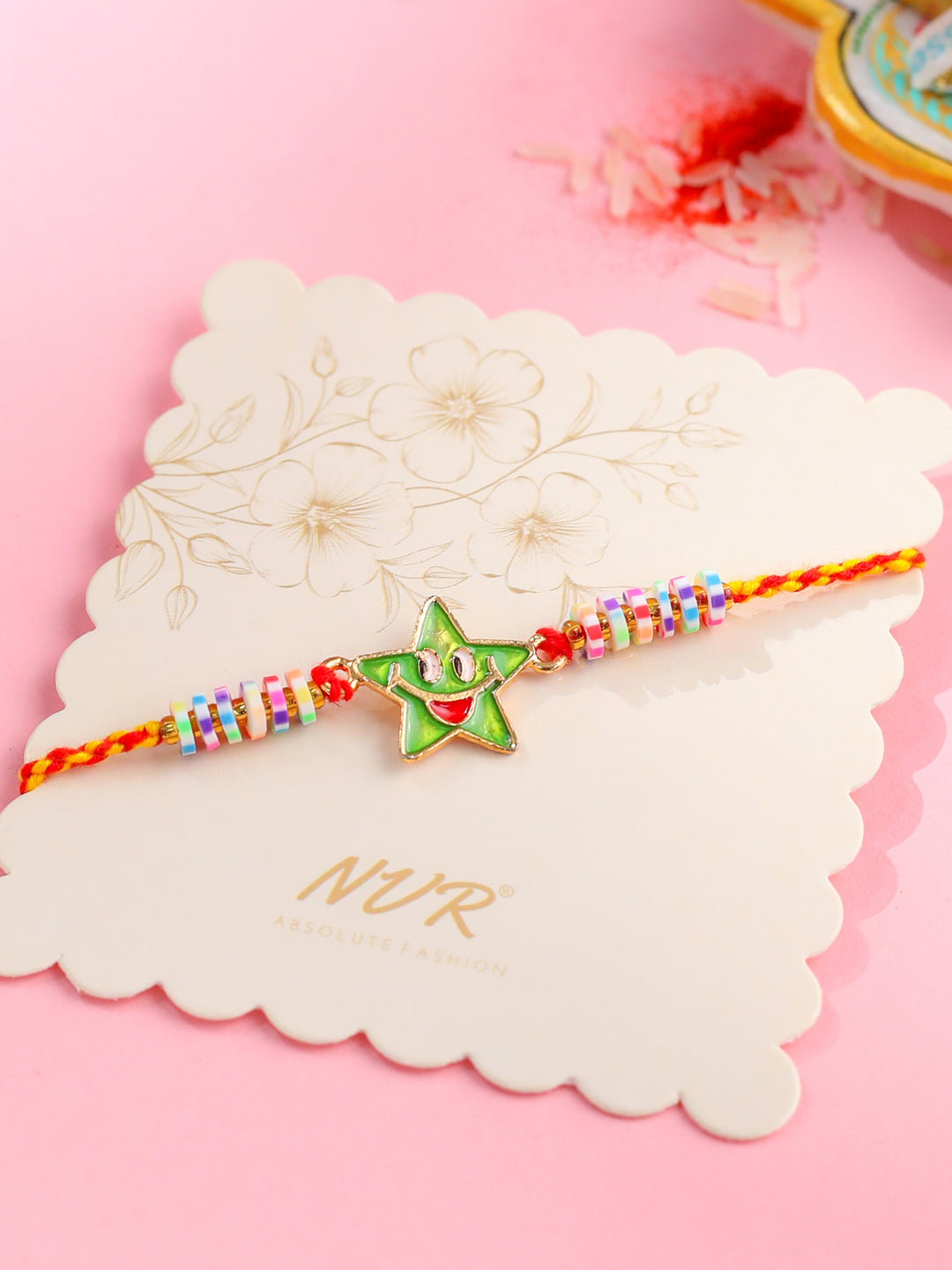 NVR Kids Star Shape Multicolor Thread Rakhi with Roli Chawal Chandan & Mishri - Distacart