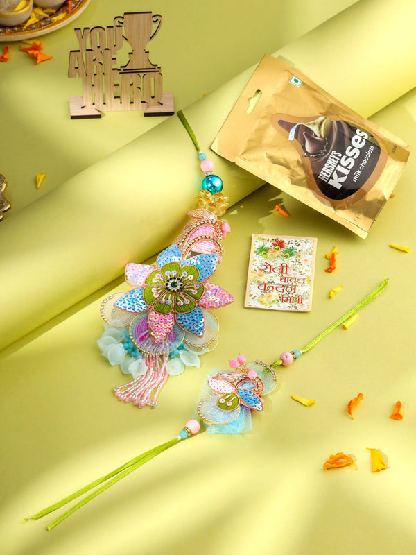 NVR Set of 2 Handmade Multicolor Artificial Stones & Beads Bhaiya Bhabhi Rakhi Combo