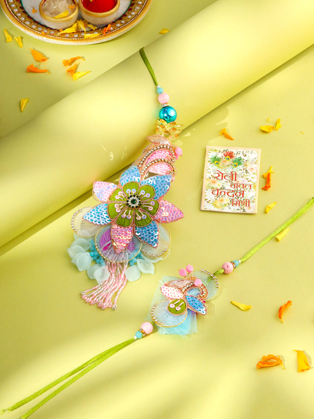 NVR Set of 2 Handmade Multicolor Artificial Stones & Beads Bhaiya Bhabhi Rakhi with Roli Chawal Chandan & Mishri - Distacart