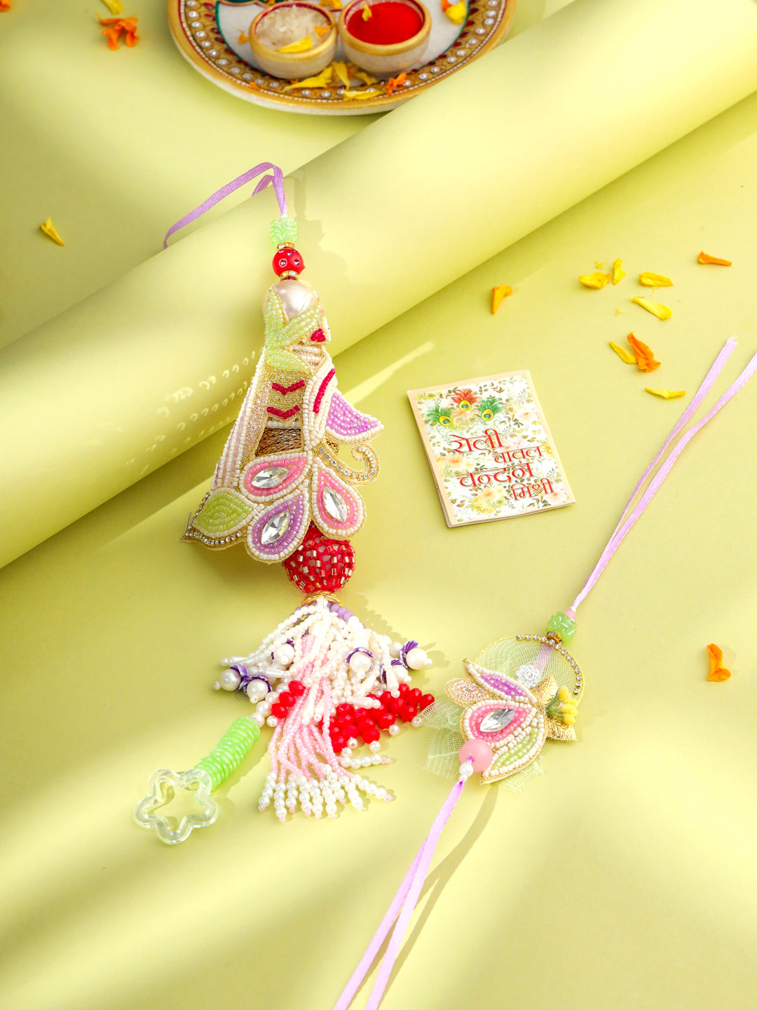 NVR Handcrafted Set of 2 Multicolor Pearls Bhaiya Bhabhi Rakhi with Roli Chawal Chandan & Mishri - Distacart