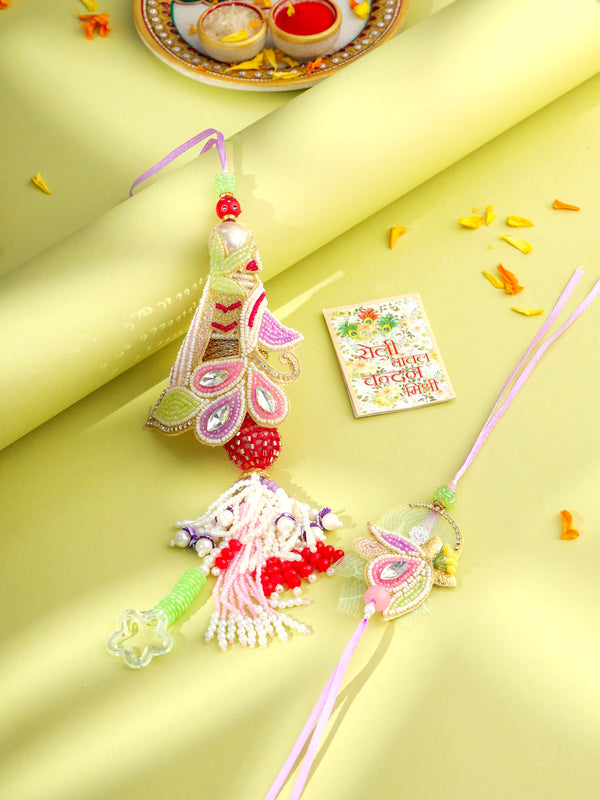 NVR Handcrafted Set of 2 Multicolor Pearls Bhaiya Bhabhi Rakhi with Roli Chawal Chandan & Mishri