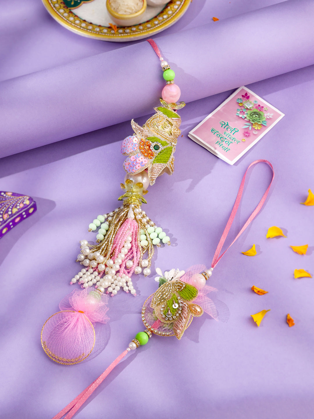 NVR Set of 2 Handcrafted Multicolor Pearls Bhaiya Bhabhi Rakhi with Roli Chawal Chandan & Mishri - Distacart