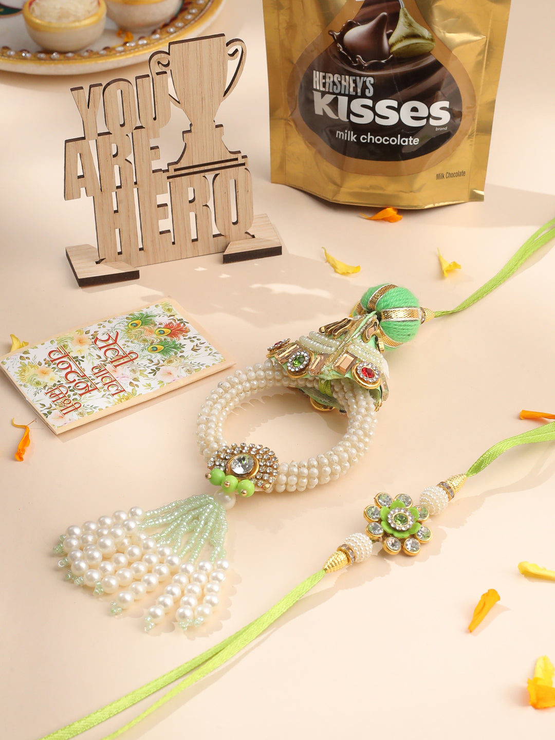 NVR Set of 2 Handcrafted Green Artificial Stones & Pearls Bhaiya Bhabhi Rakhi Combo - Distacart