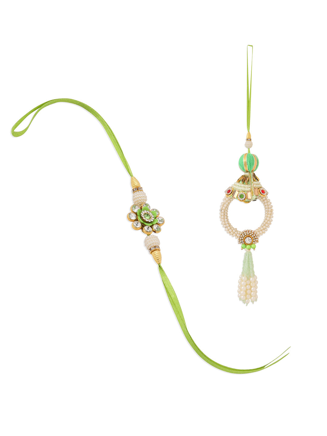 NVR Set of 2 Handcrafted Green Artificial Stones & Pearls Bhaiya Bhabhi Rakhi Combo - Distacart