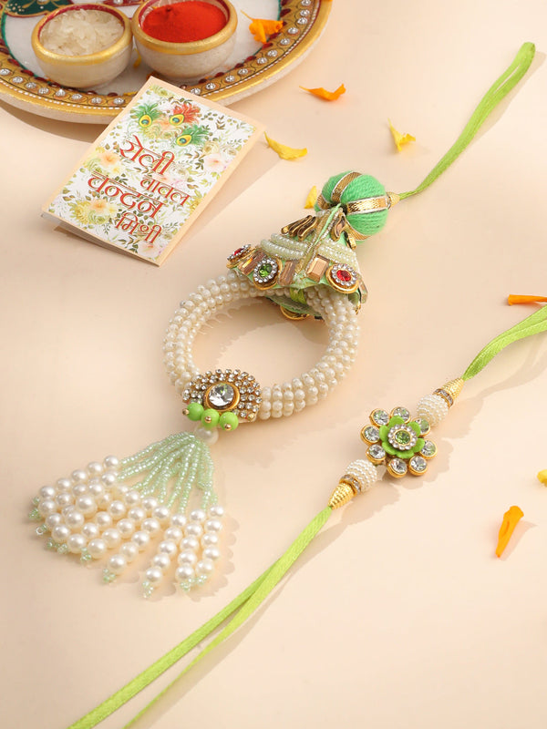 NVR Set of 2 Handcrafted Green Artificial Stones & Pearls Bhaiya Bhabhi Rakhi with Roli Chawal Chandan & Mishri