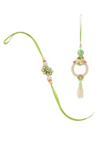 Thumbnail for NVR Set of 2 Handcrafted Green Artificial Stones & Pearls Bhaiya Bhabhi Rakhi with Roli Chawal Chandan & Mishri