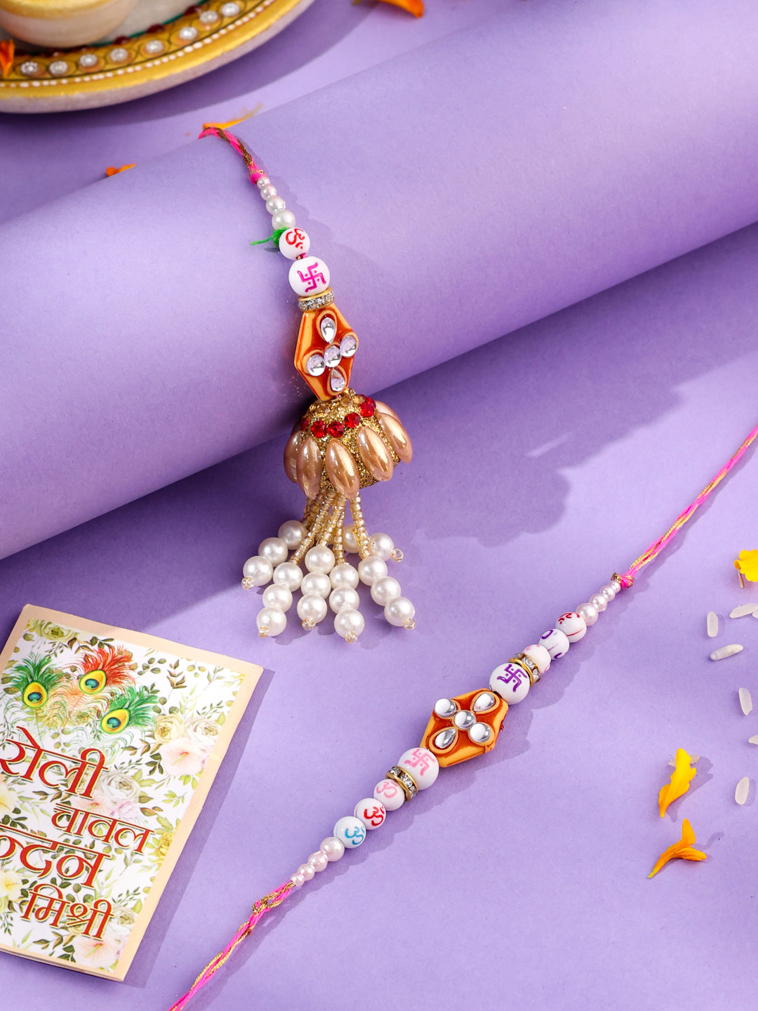 NVR Set of 2 Multicolor Artificial Stones & Pearls Bhaiya Bhabhi Rakhi with Roli Chawal Chandan & Mishri - Distacart