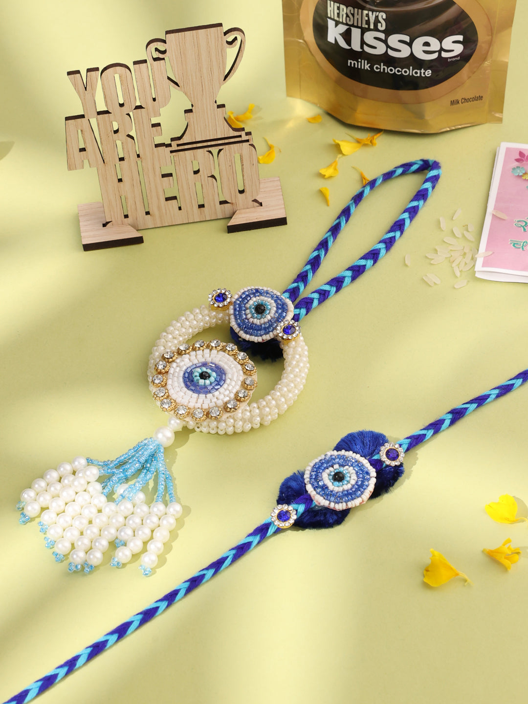NVR Set of 2 Blue Evil Eye Artificial Stones & Pearls Bhaiya Bhabhi Rakhi Combo - Distacart