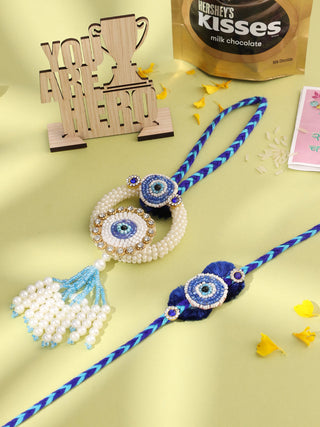 NVR Set of 2 Blue Evil Eye Artificial Stones & Pearls Bhaiya Bhabhi Rakhi Combo - Distacart