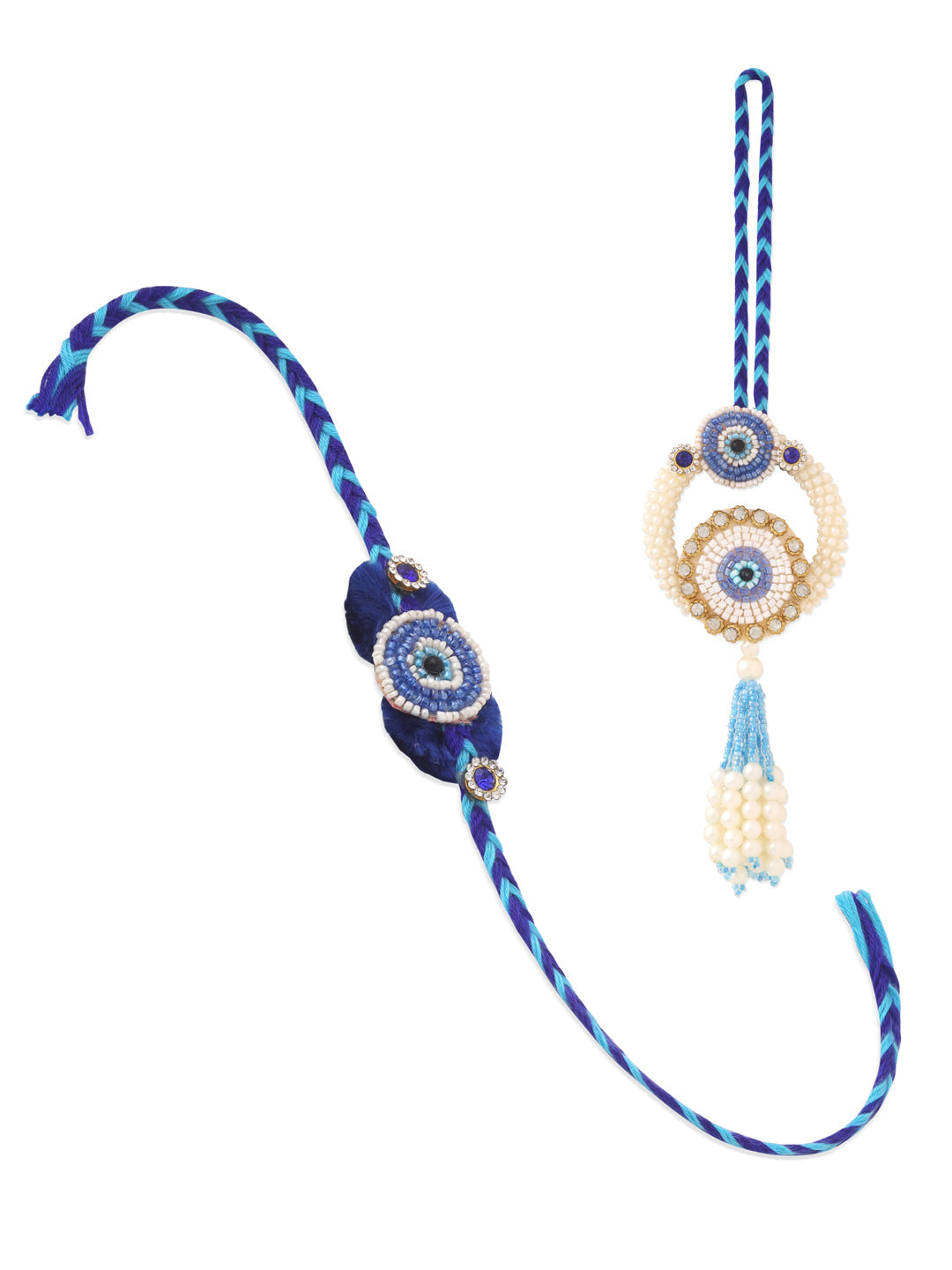NVR Set of 2 Blue Evil Eye Artificial Stones & Pearls Bhaiya Bhabhi Rakhi Combo - Distacart