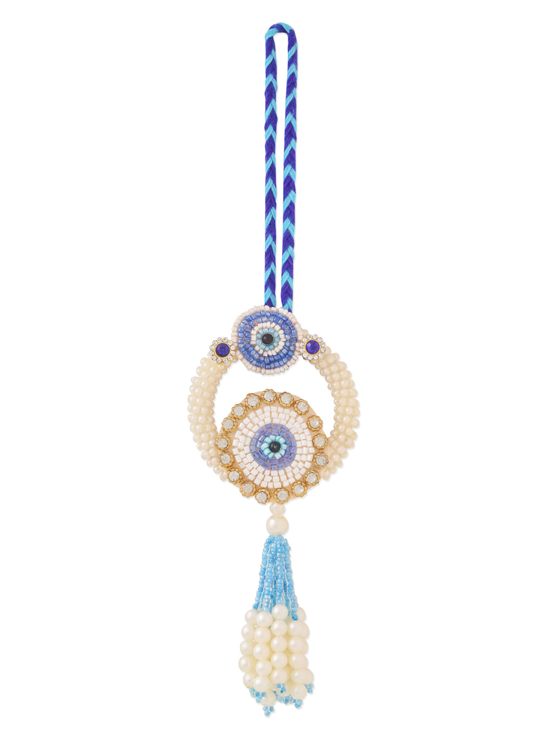 NVR Set of 2 Blue Evil Eye Artificial Stones & Pearls Bhaiya Bhabhi Rakhi with Roli Chawal Chandan & Mishri