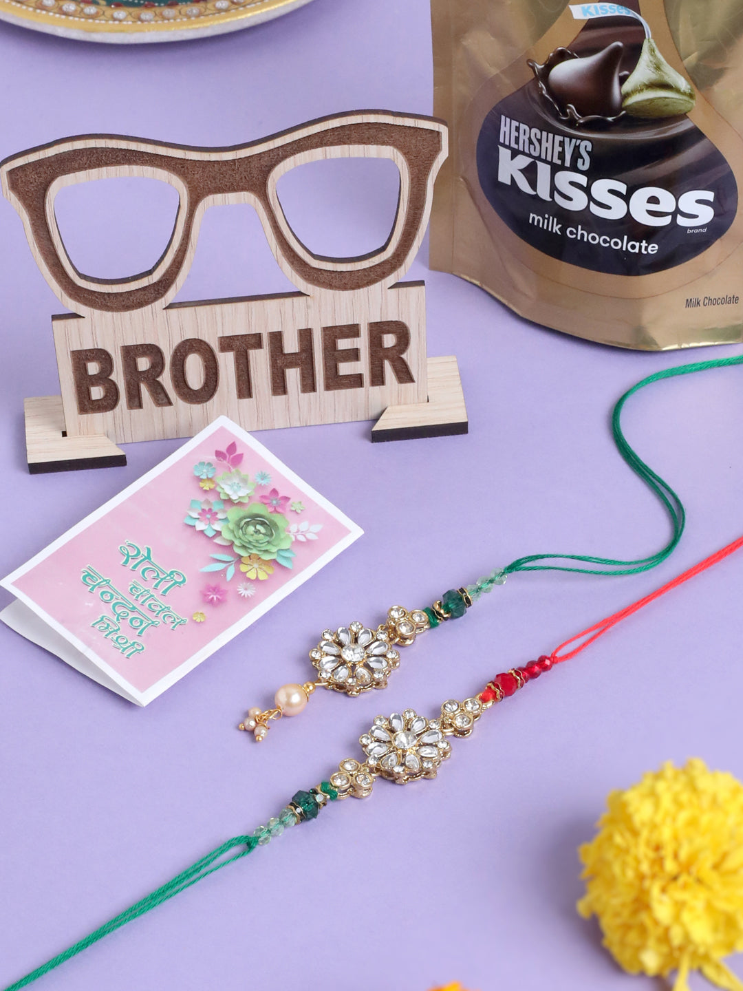 NVR Set of 2 Gold Toned Kundan Studded Floral Design Bhaiya Bhabhi Rakhi Combo - Distacart