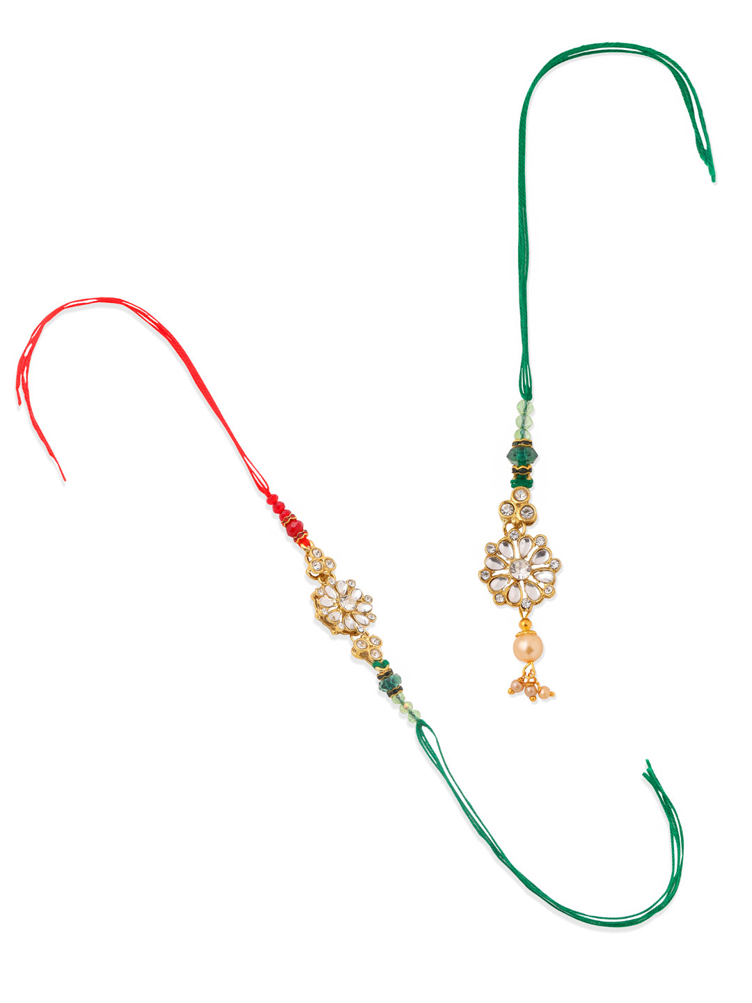 NVR Set of 2 Gold Toned Kundan Studded Floral Design Bhaiya Bhabhi Rakhi Combo - Distacart