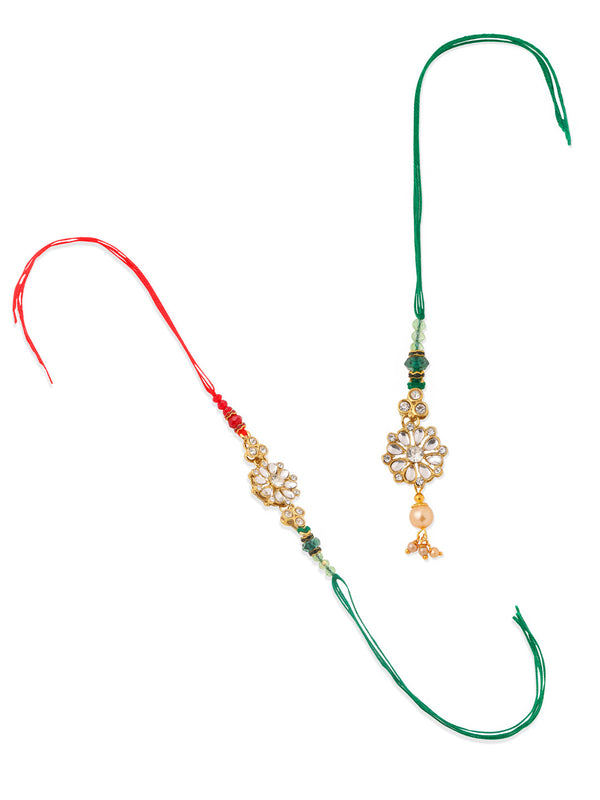 NVR Set of 2 Gold Toned Kundan Studded Floral Design Bhaiya Bhabhi Rakhi Combo