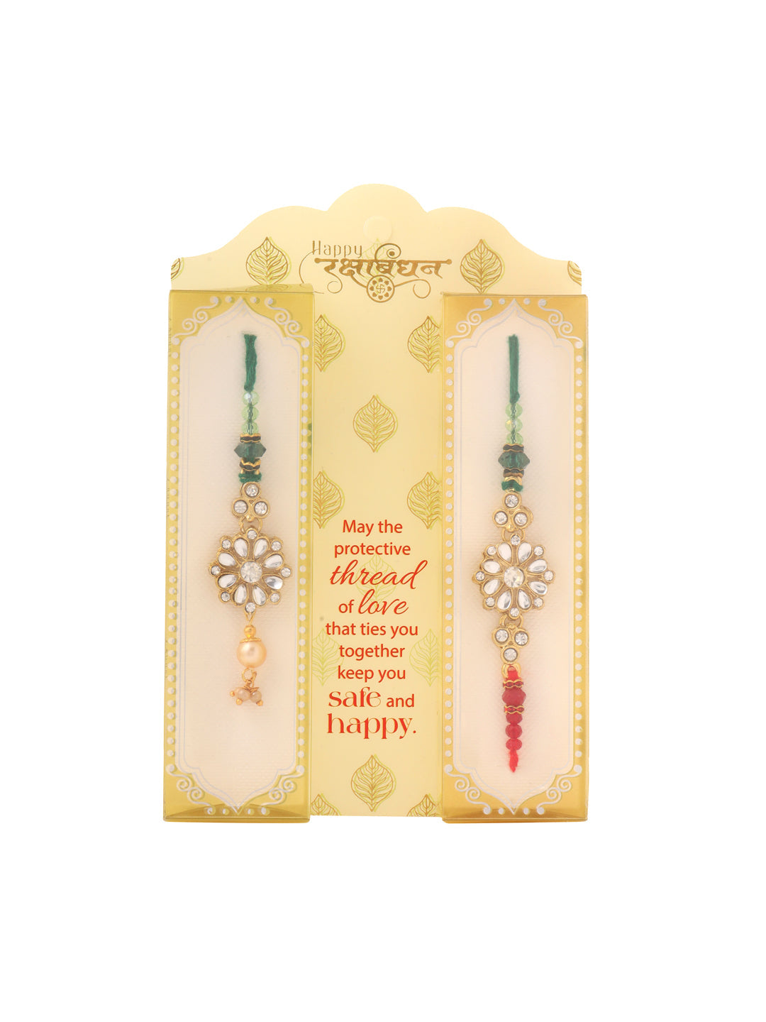 NVR Set of 2 Gold Toned Kundan Studded Floral Design Bhaiya Bhabhi Rakhi Combo