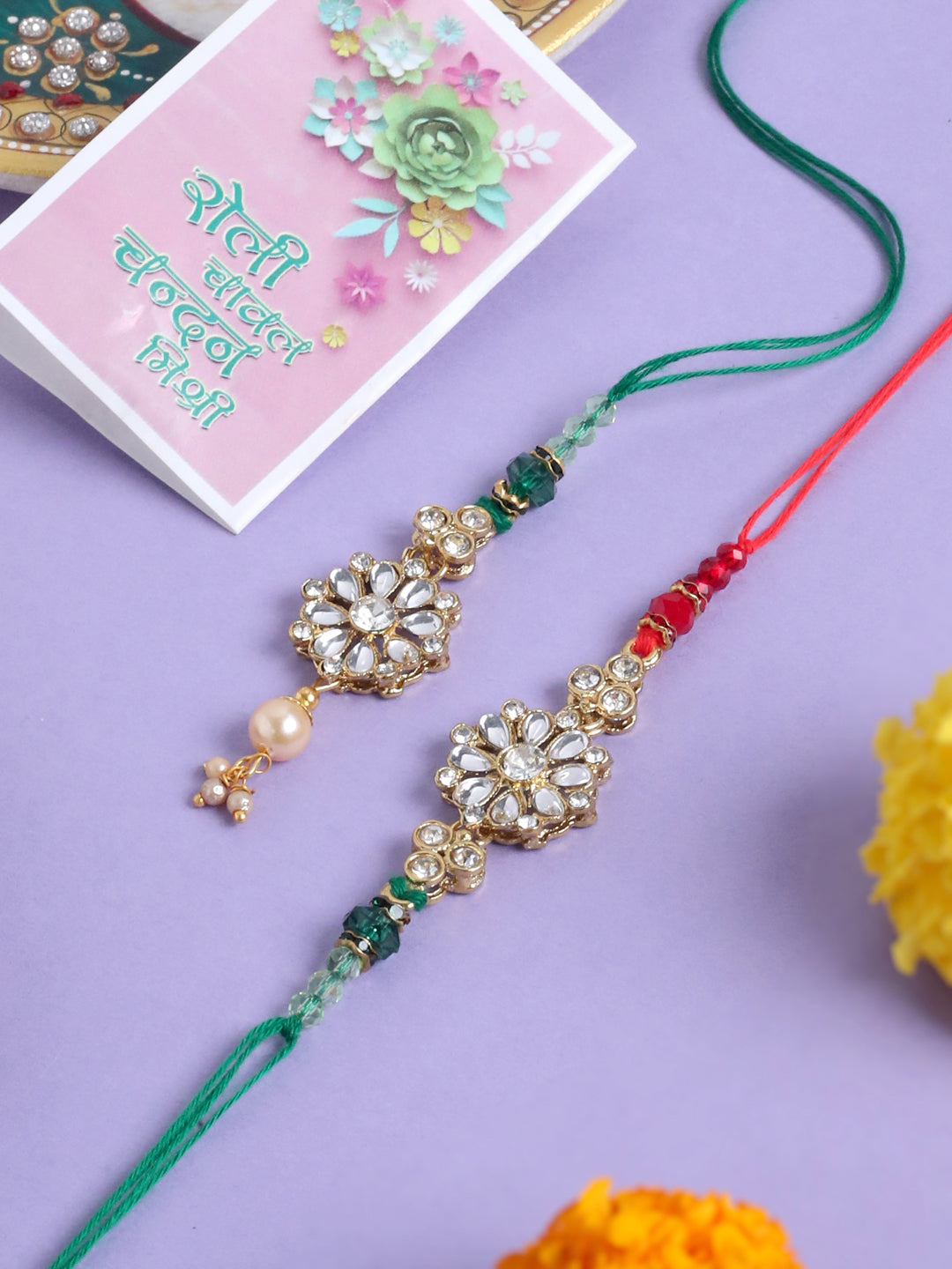 NVR Set of 2 Gold Toned Kundan Studded Floral Design Bhaiya Bhabhi Rakhi with Roli Chawal Chandan & Mishri - Distacart