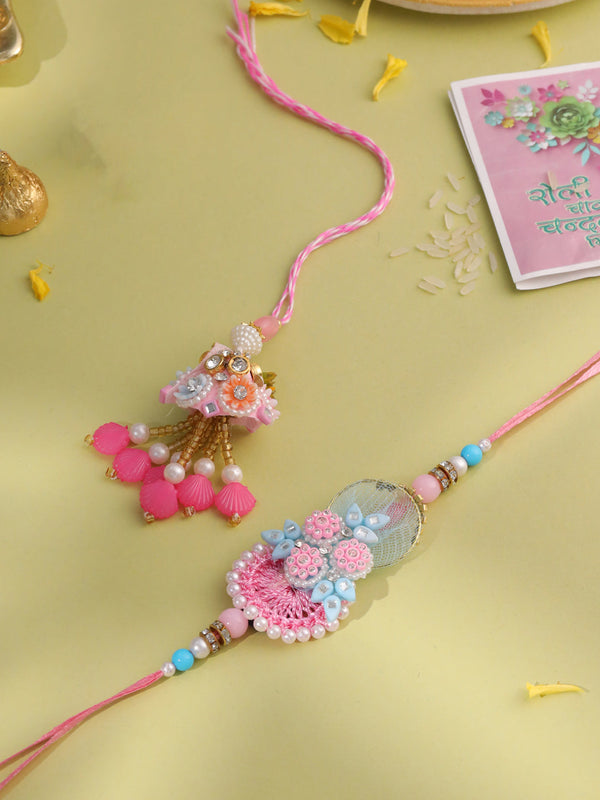 NVR Set of 2 Multicolor Handcrafted Artificial Stones & Pearls Bhaiya Bhabhi Rakhi with Roli Chawal Chandan & Mishri