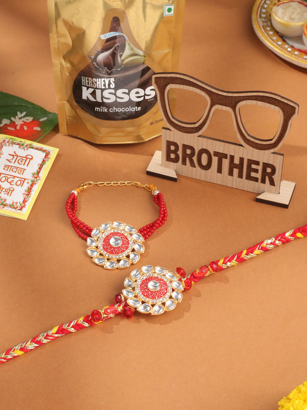 NVR Set of 2 Handmade Red Kundan Studded Floral Design Bhaiya Bhabhi Rakhi Combo